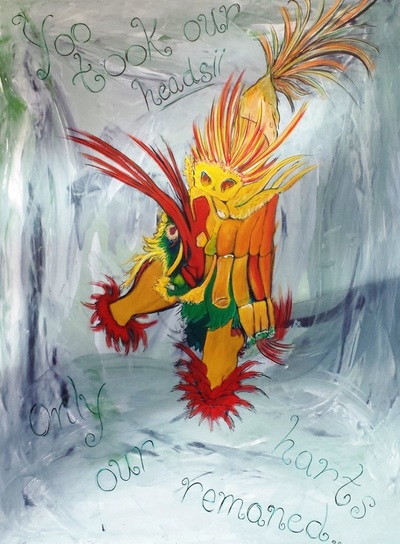 Mexika Aztec Dancer original oil painting on canvas by SF Bay Area artist Elizabeth Jimenez Montelongo