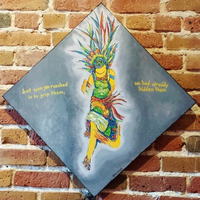 Mexika Aztec Dancer original oil painting on canvas by SF Bay Area artist Elizabeth Jimenez Montelongo