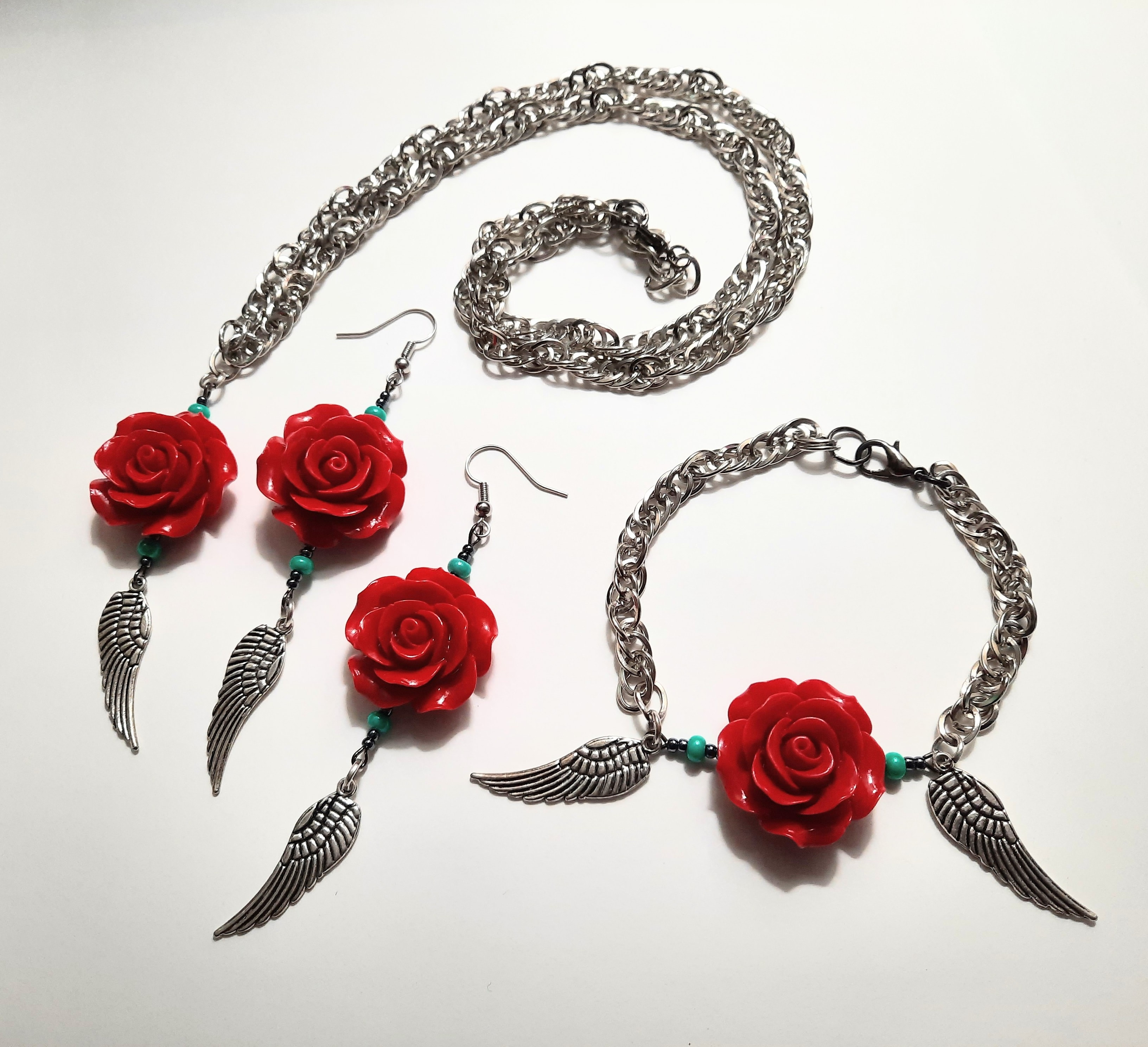 red rose flower jewelry set