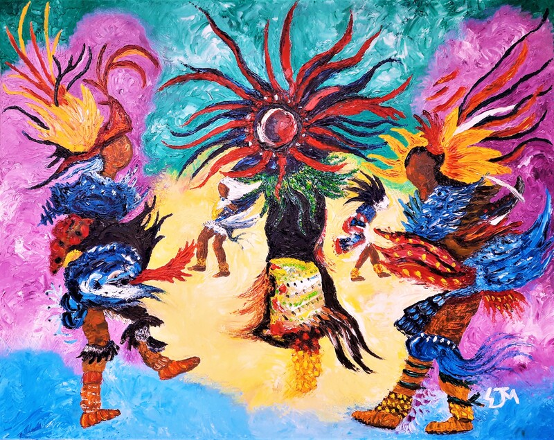 Oil painting on canvas of Aztec Mexika Dancers in SF Bay Area by Chicana Artist Elizabeth Jiménez Montelongo @elizabethjimenezmontelongo