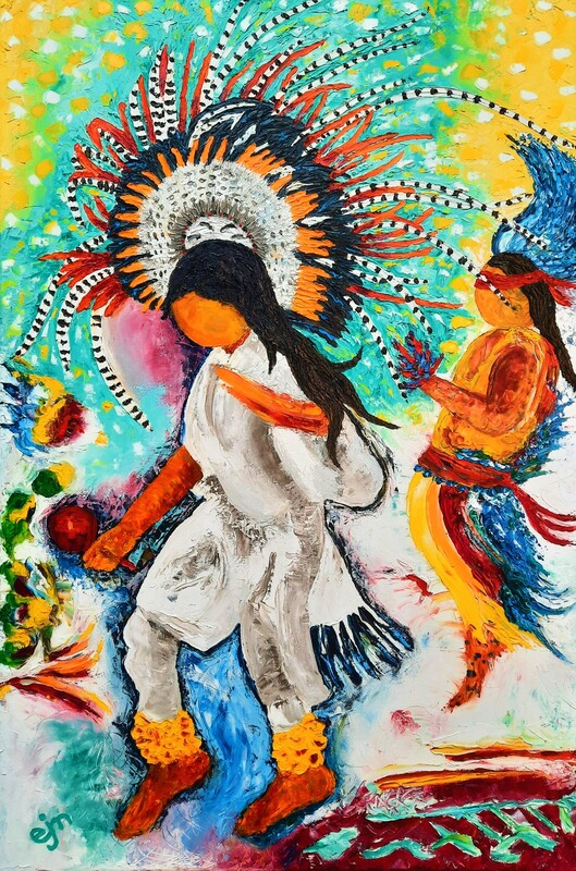 Oil painting of woman dancing, by EJMontelongo, mesoamerican art